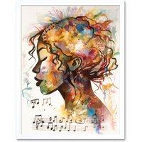 Artery8 Wall Art Print Musical Meditation Synesthesia Woman Listening to Music Modern Watercolour Painting Art Framed in White | Size: W12" x H16"