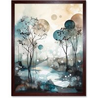 Artery8 Wall Art Print Snowfall over Autumn Trees in Snowy River Dream Landscape Modern Watercolour Painting Art Framed in Brown | Size: W12" x H16"