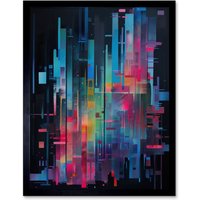 Artery8 Wall Art Print Modern Abstract Geometric Neon Lines Cityscape Painting Art Framed in Black | Size: W12" x H16"