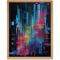 Artery8 Wall Art Print Modern Abstract Geometric Neon Lines Cityscape Painting Art Framed in Light Oak | Size: W12" x H16"