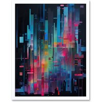Artery8 Wall Art Print Modern Abstract Geometric Neon Lines Cityscape Painting Art Framed in White | Size: W12" x H16"