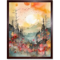Artery8 Wall Art Print Sunrise Over Misty Mountain Forest Landscape Modern Watercolour Painting Art Framed in Brown | Size: W12" x H16"