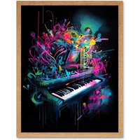 Artery8 Wall Art Print Melodic Explosion Piano Bursting in Vibrant Colours Modern Acrylic Paint Painting Art Framed in Light Oak | Size: W12" x H16"