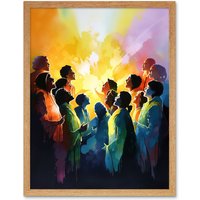 Artery8 Wall Art Print Choir Women Singing by Bonfire Modern Rainbow Colour Watercolour Painting Art Framed in Light Oak | Size: W12" x H16"