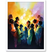 Artery8 Wall Art Print Choir Women Singing by Bonfire Modern Rainbow Colour Watercolour Painting Art Framed in White | Size: W12" x H16"
