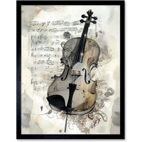 Artery8 Wall Art Print Violin Instrument & Sheet Music Modern Monochrome Watercolour Art Framed in Black | Size: W12" x H16"