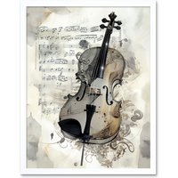 Artery8 Wall Art Print Violin Instrument & Sheet Music Modern Monochrome Watercolour Art Framed in White | Size: W12" x H16"