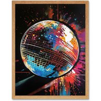 Artery8 Wall Art Print Disco Ball Music Night Reflections Modern Spray Paint Painting Art Framed in Light Oak | Size: W12" x H16"