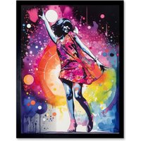 Artery8 Wall Art Print Disco Music Fever Dance Moves Woman in Rainbow Dancefloor Light Modern Watercolour Painting Art Framed | Size: W12" x H16"