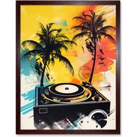 Artery8 Wall Art Print Music Under Palm Trees Tropical Beach Party Modern Watercolour Painting Art Framed in Brown | Size: W12" x H16"