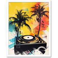 Artery8 Wall Art Print Music Under Palm Trees Tropical Beach Party Modern Watercolour Painting Art Framed in White | Size: W12" x H16"