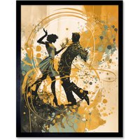 Artery8 Wall Art Print Young Couple Dancing to Swing Music at a Club Modern Watercolour Painting Art Framed in Black | Size: W12" x H16"