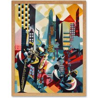 Artery8 Wall Art Print Jazz Musicians Playing on an Urban Landscape Rooftop Abstract Modern Watercolour Art Framed in Light Oak | Size: W12" x H16"