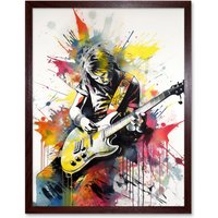 Artery8 Wall Art Print Guitarist Playing Electric Guitar Music Solo Vibrant Modern Splat Paint Watercolour Art Framed in Brown | Size: W12" x H16"