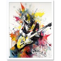 Artery8 Wall Art Print Guitarist Playing Electric Guitar Music Solo Vibrant Modern Splat Paint Watercolour Art Framed in White | Size: W12" x H16"