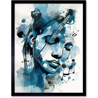 Artery8 Wall Art Print Melody Muse a Musician's Vision in Midnight Blue Modern Watercolour Painting Art Framed in Black | Size: W12" x H16"