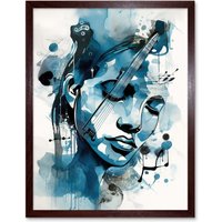 Artery8 Wall Art Print Melody Muse a Musician's Vision in Midnight Blue Modern Watercolour Painting Art Framed in Brown | Size: W12" x H16"