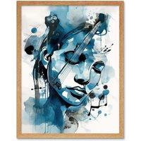 Artery8 Wall Art Print Melody Muse a Musician's Vision in Midnight Blue Modern Watercolour Painting Art Framed in Light Oak | Size: W12" x H16"