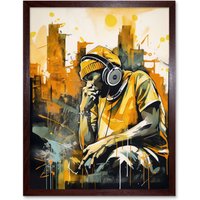 Artery8 Wall Art Print Abstract Cityscape Young Man Wearing Headphones Listening to Music Modern Watercolour Art Framed in Brown | Size: W12" x H16"