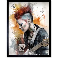 Artery8 Wall Art Print Edgy Young Punk Woman with Mohawk & Electric Guitar Modern Watercolour Painting Art Framed in Black | Size: W12" x H16"