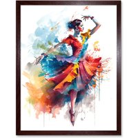 Artery8 Wall Art Print Flamenco Dancer in Motion Rainbow Colour Dress Dance Modern Watercolour Painting Art Framed in Brown | Size: W12" x H16"