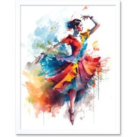 Artery8 Wall Art Print Flamenco Dancer in Motion Rainbow Colour Dress Dance Modern Watercolour Painting Art Framed in White | Size: W12" x H16"