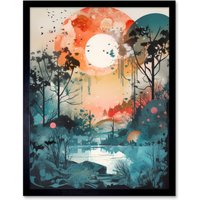 Artery8 Wall Art Print Lakeside Forest Landscape Peaceful Sunrise Morning Modern Watercolour Painting Art Framed in Black | Size: W12" x H16"