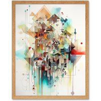 Artery8 Wall Art Print Abstract Geometric Fractal Shapes Modern Watercolour Painting Art Framed in Light Oak | Size: W12" x H16"