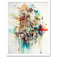 Artery8 Wall Art Print Abstract Geometric Fractal Shapes Modern Watercolour Painting Art Framed in White | Size: W12" x H16"