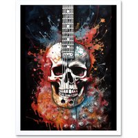Artery8 Wall Art Print Electric Skull Guitar Death Metal Music Concept Splatter Art Modern Acrylic Painting Art Framed in White | Size: W12" x H16"