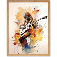 Artery8 Wall Art Print Guitarist Musician Playing Solo on Electric Guitar Modern Watercolour Art Framed in Light Oak | Size: W12" x H16"