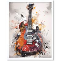 Artery8 Wall Art Print Electric Mandolin Guitar Instrument Modern Watercolour Art Framed in White | Size: W12" x H16"