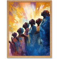 Artery8 Wall Art Print Female Gospel Choir Group Singing Hymns Modern Watercolour Painting Art Framed in Light Oak | Size: W12" x H16"