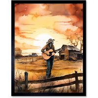 Artery8 Wall Art Print Man Playing Country Music Guitar in Countryside Farm on Sunset Modern Watercolour Painting Art Framed | Size: W12" x H16"