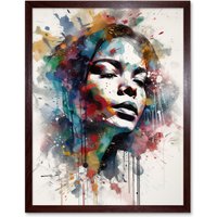 Artery8 Wall Art Print Woman with Synesthesia Listening to Music Modern Paint Splatter Painting Art Framed in Brown | Size: W12" x H16"