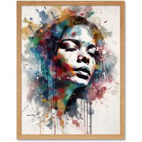 Artery8 Wall Art Print Woman with Synesthesia Listening to Music Modern Paint Splatter Painting Art Framed in Light Oak | Size: W12" x H16"