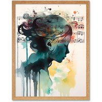 Artery8 Wall Art Print Music on my Mind Singing in my Head Modern Portrait Watercolour Art Framed in Light Oak | Size: W12" x H16"