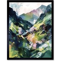Artery8 Wall Art Print Spring Mountain Slope Landscape Modern Linocut Art Framed in Black | Size: W12" x H16"