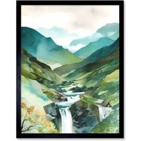 Artery8 Wall Art Print River Cascades Waterfall in Misty Landscape Modern Watercolour Painting Art Framed in Black | Size: W12" x H16"