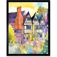 Artery8 Wall Art Print Sunrise Over Tudor Houses & Spring Blossoms Modern Watercolour Painting Art Framed in Black | Size: W12" x H16"