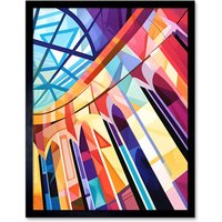 Artery8 Wall Art Print Building with Glass Roof Modern Art Deco Colour Block Modern Watercolour Painting Art Framed in Black | Size: W12" x H16"