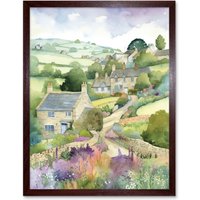 Artery8 Wall Art Print Countryside Spring Landscape with Cottages Modern Watercolour Painting Art Framed in Brown | Size: W12" x H16"