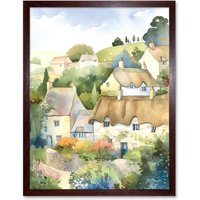 Artery8 Wall Art Print Thatched Roof Cottage House Village in Soft Pastel Colours Modern Watercolour Painting Art Framed in Brown | Size: W12" x H16"