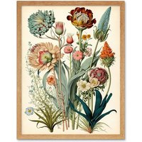 Artery8 Wall Art Print Ernst Haeckel Inspired Vintage Botanical Plant Study Modern Watercolour Painting Art Framed in Light Oak | Size: W12" x H16"