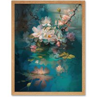Artery8 Wall Art Print Low Hanging Cherry Blossom Branch in River Stream Modern Watercolour Painting Art Framed in Light Oak | Size: W12" x H16"