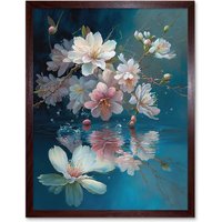 Artery8 Wall Art Print Cherry Blossom Branch Dancing Over Water Modern Watercolour Painting Art Framed in Brown | Size: W12" x H16"