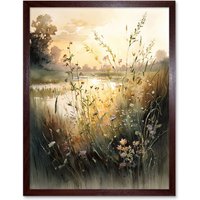 Artery8 Wall Art Print Serene Lakeside Landscape with Wildflowers at Dawn Modern Watercolour Painting Art Framed in Brown | Size: W12" x H16"