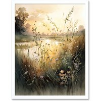 Artery8 Wall Art Print Serene Lakeside Landscape with Wildflowers at Dawn Modern Watercolour Painting Art Framed in White | Size: W12" x H16"