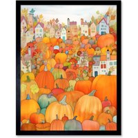 Artery8 Wall Art Print Halloween Pumpkin Festival Autumn Harvest Modern Folk Art Watercolour Painting Art Framed in Black | Size: W12" x H16"