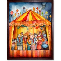 Artery8 Wall Art Print Puppet Theatre Stage End of Show Applause Modern Folk Art Watercolour Painting Art Framed in Brown | Size: W12" x H16"